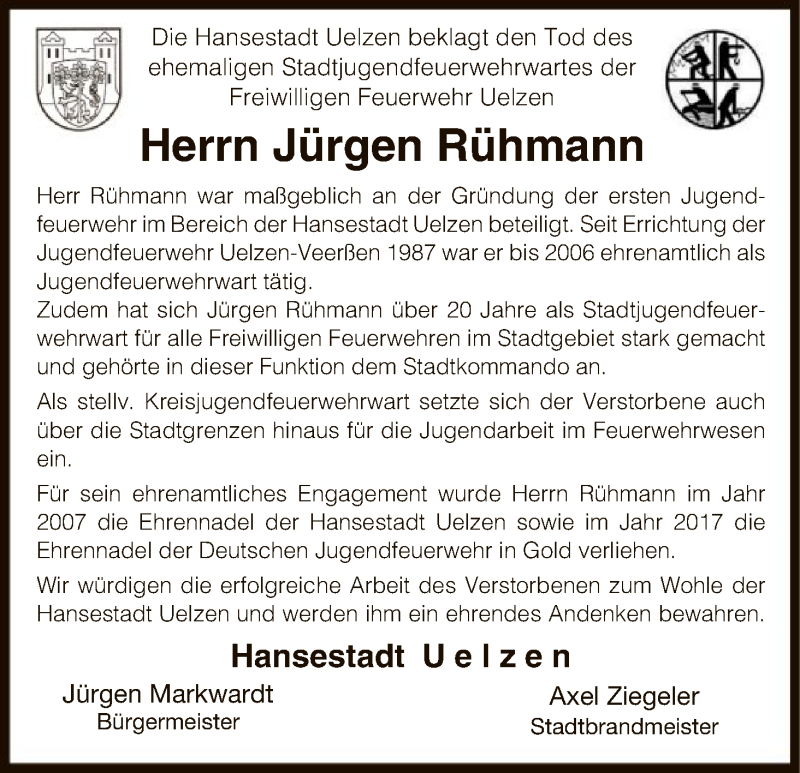  Traueranzeige für Jürgen Rühmann vom 10.02.2018 aus Uelzen