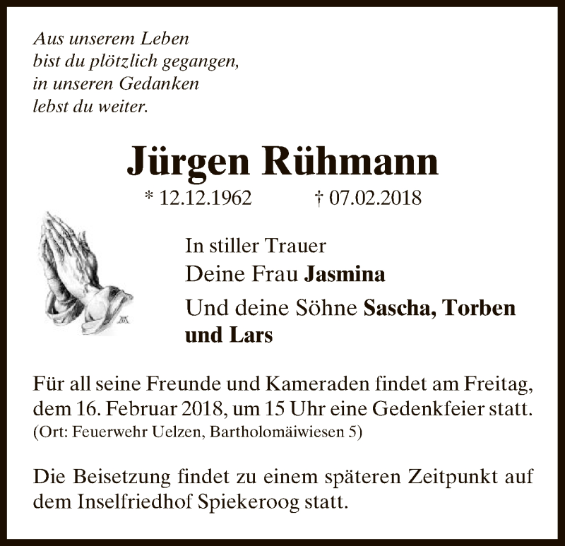  Traueranzeige für Jürgen Rühmann vom 10.02.2018 aus Uelzen