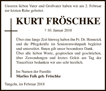 Traueranzeige von Kurt Fröschke von Uelzen