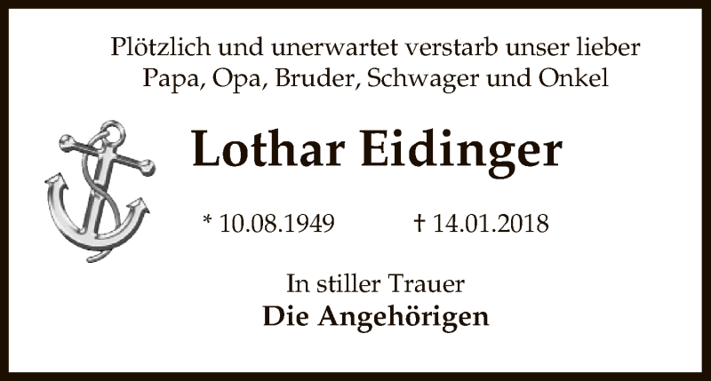  Traueranzeige für Lothar Eidinger vom 10.02.2018 aus Uelzen