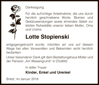 Traueranzeige von Lotte Stopienski von Uelzen