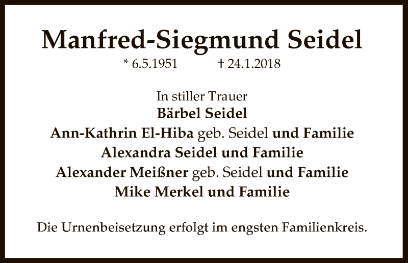 Traueranzeige für Manfred-Siegmund Seidel vom 03.02.2018 aus Uelzen