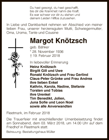 Traueranzeige von Margot Knötzsch von Uelzen