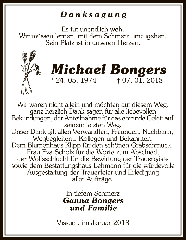  Traueranzeige für Michael Bongers vom 10.02.2018 aus Uelzen