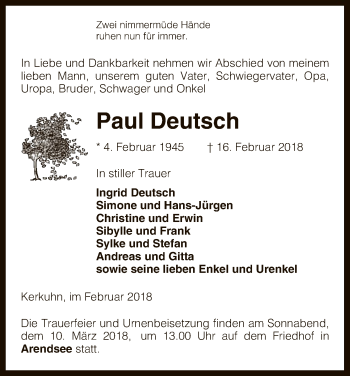 Traueranzeige von Paul Deutsch von Uelzen