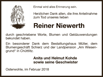 Traueranzeige von Reiner Niewerth von Uelzen