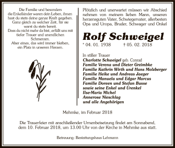 Traueranzeige von Rolf Schweigel von Uelzen