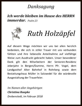 Traueranzeige von Ruth Holzäpfel von Uelzen