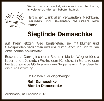 Traueranzeige von Sieglinde Damaschke von Uelzen