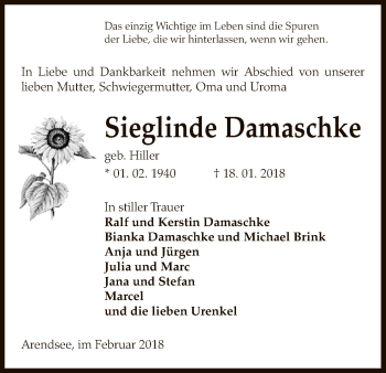 Traueranzeige von Sieglinde Damaschke von Uelzen