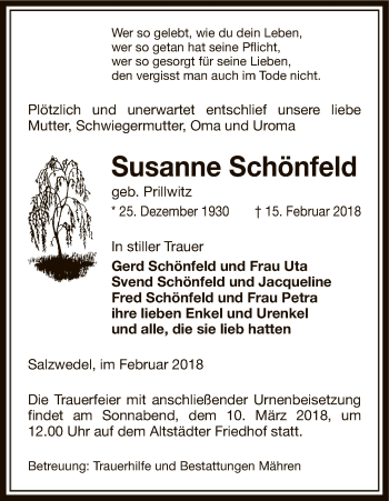 Traueranzeige von Susanne Schönfeld von Uelzen