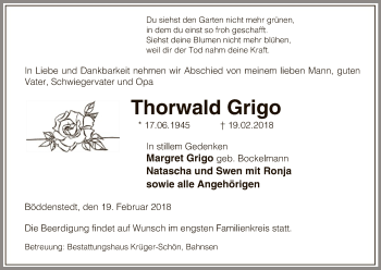 Traueranzeige von Thorwald Grigo von Uelzen