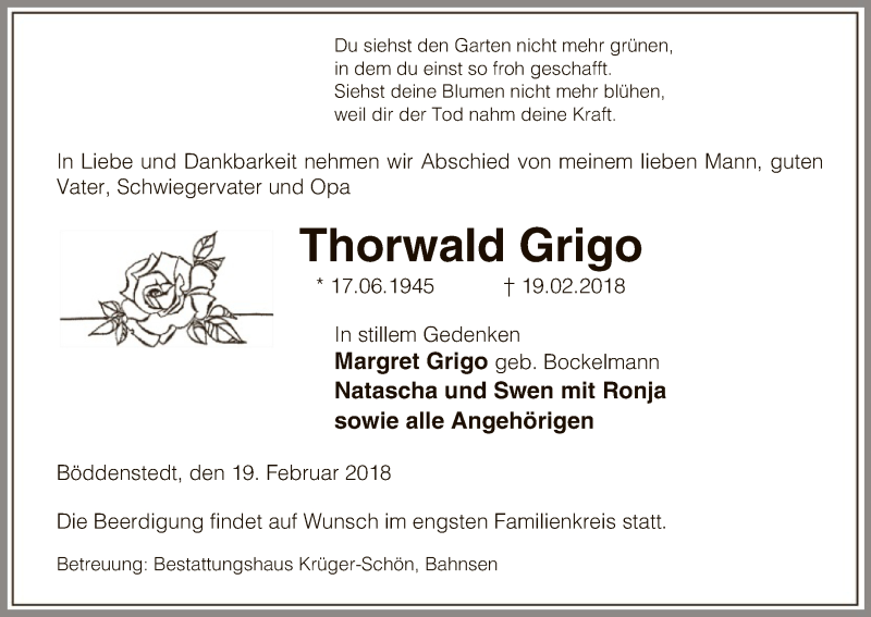  Traueranzeige für Thorwald Grigo vom 20.02.2018 aus Uelzen