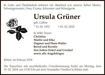 Traueranzeige von Ursula Grüner von Uelzen