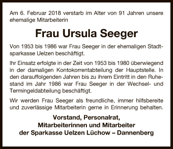 Traueranzeige von Ursula Seeger von Uelzen