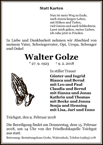 Traueranzeige von Walter Golze von Uelzen