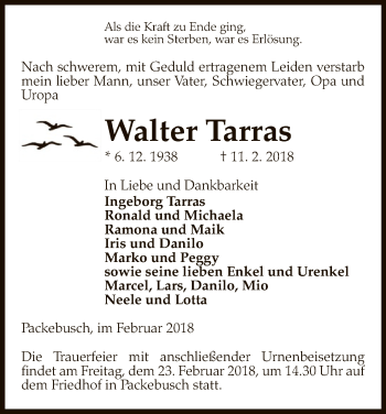 Traueranzeige von Walter Tarras von Uelzen