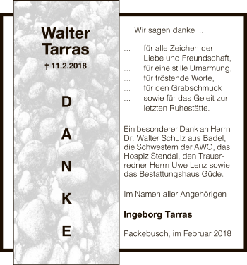 Traueranzeige von Walter Tarras von Uelzen