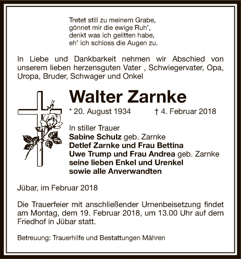  Traueranzeige für Walter Zarnke vom 07.02.2018 aus Uelzen