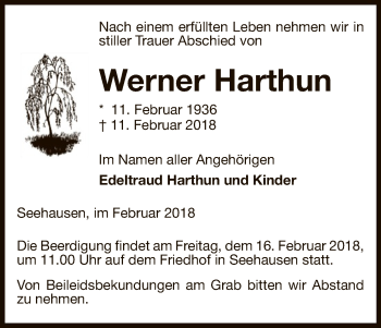 Traueranzeige von Werner Harthun von Uelzen