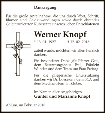 Traueranzeige von Werner Knopf von Uelzen