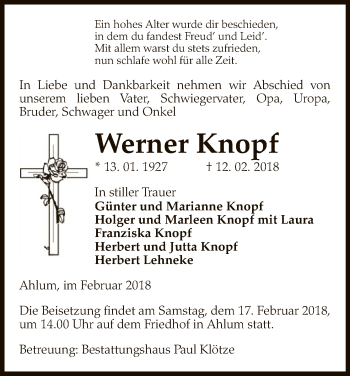 Traueranzeige von Werner Knopf von Uelzen