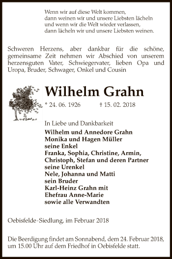 Traueranzeige von Wilhelm Grahn von Uelzen