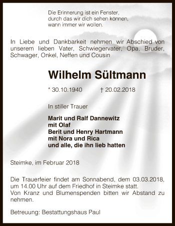 Traueranzeige von Wilhelm Sültmann von Uelzen