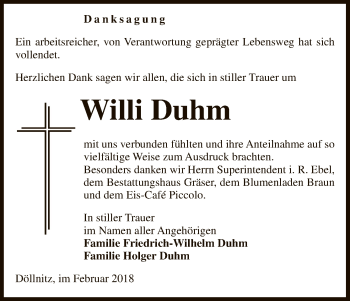 Traueranzeige von Willi Duhm von Uelzen