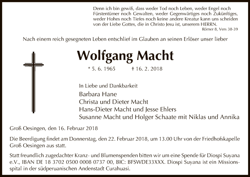  Traueranzeige für Wolfgang Macht vom 20.02.2018 aus Uelzen