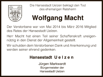 Traueranzeige von Wolfgang Macht von Uelzen