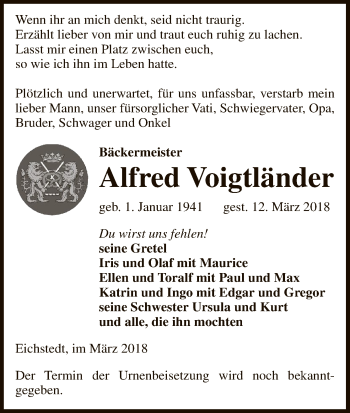 Traueranzeige von Alfred Voigtländer von Uelzen