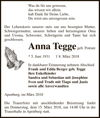 Traueranzeige von Anna Tegge von Uelzen