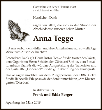 Traueranzeige von Anna Tegge von Uelzen