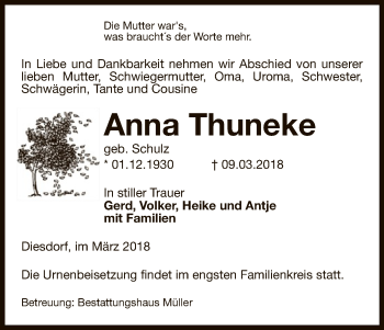 Traueranzeige von Anna Thuneke von Uelzen