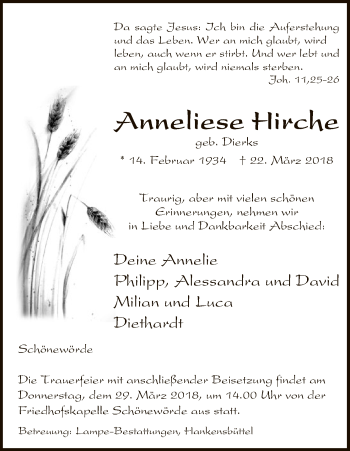 Traueranzeige von Anneliese Hirche von Uelzen