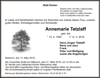 Traueranzeige von Annemarie Tetzlaff von Uelzen