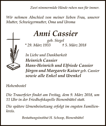 Traueranzeige von Anni Cassier von Uelzen