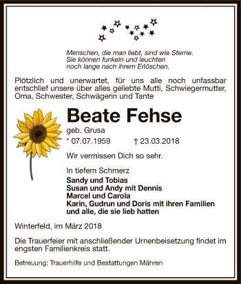 Traueranzeige von Beate Fehse von Uelzen