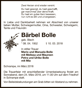 Traueranzeige von Bärbel Bolle von Uelzen