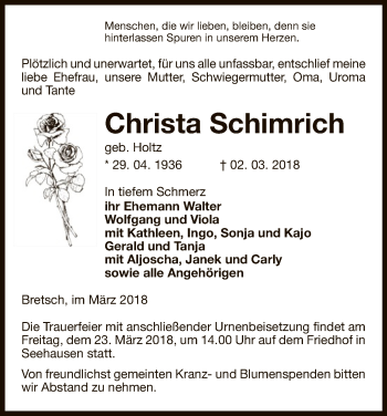 Traueranzeige von Christa Schimrich von Uelzen