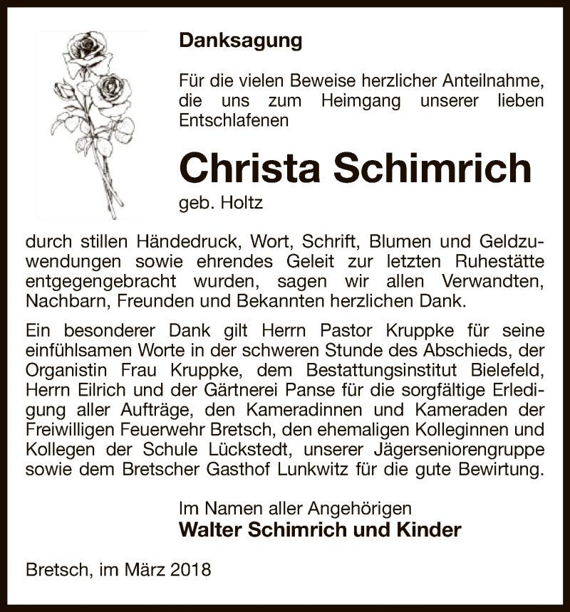  Traueranzeige für Christa Schimrich vom 29.03.2018 aus Uelzen