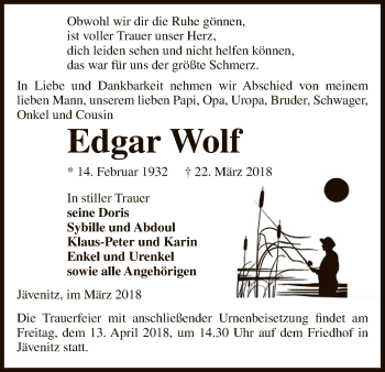 Traueranzeige von Edgar Wolf von Uelzen