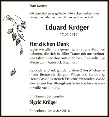 Traueranzeige von Eduard Kröger von Uelzen