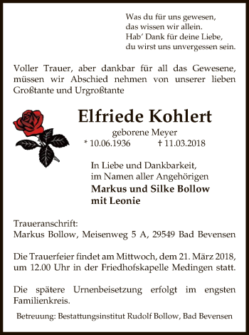 Traueranzeige von Elfriede Kohlert von Uelzen