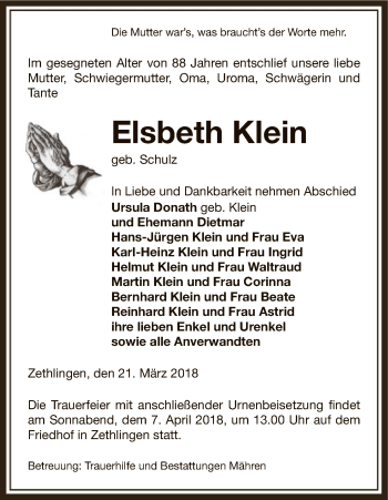 Traueranzeige von Elsbeth Klein von Uelzen