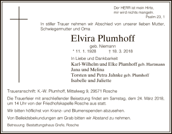 Traueranzeige von Elvira Plumhoff von Uelzen