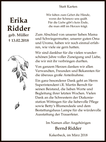 Traueranzeige von Erika Ridder von Uelzen