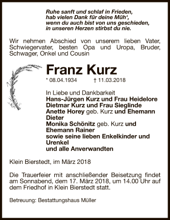 Traueranzeige von Franz Kurz von Uelzen