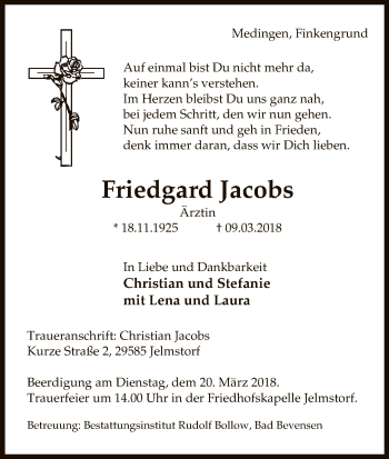 Traueranzeige von Friedgard Jacobs von Uelzen